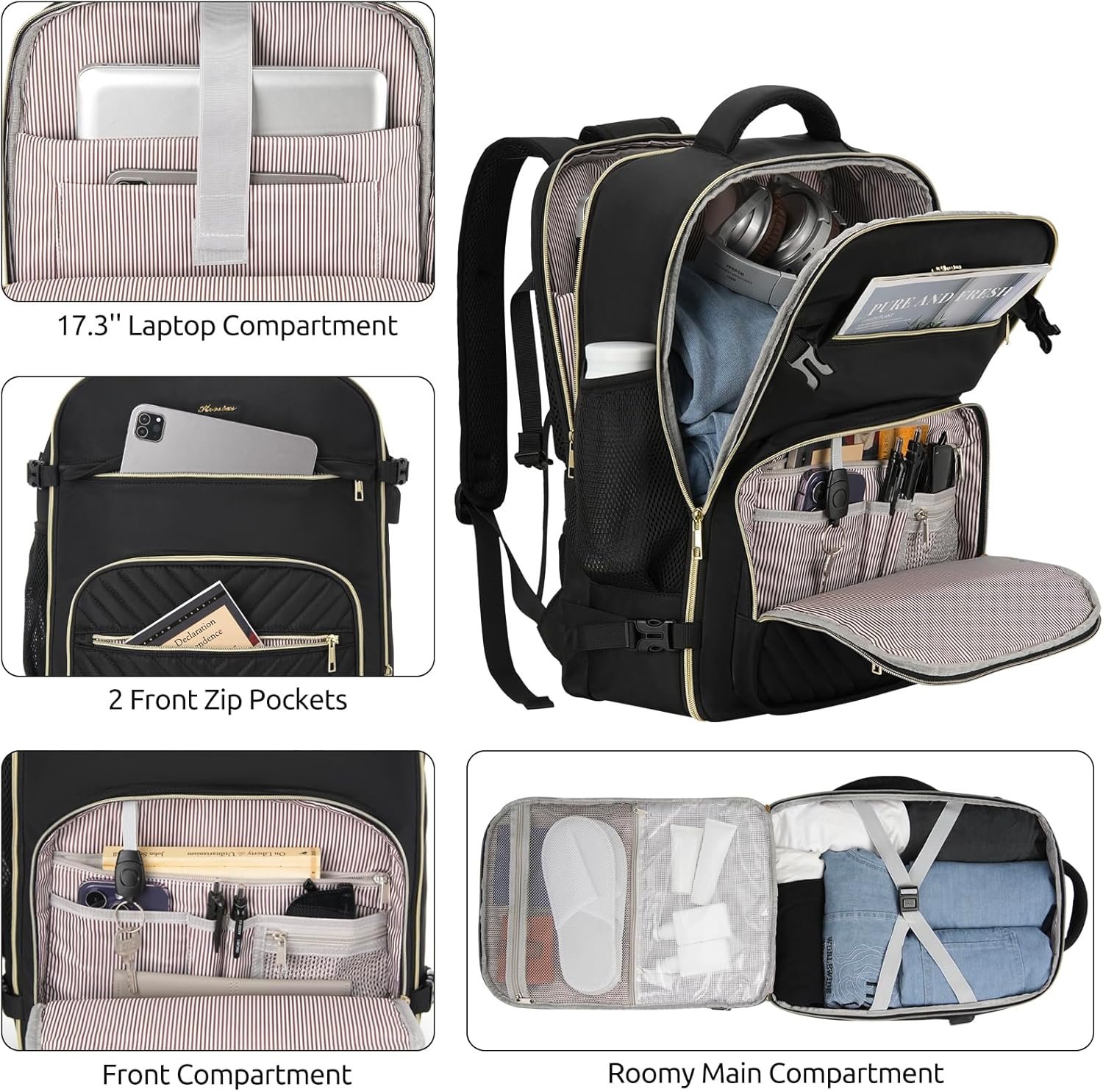 Travel Backpack for Women, Carry On Backpack for Airplanes Flight Approved, Waterproof Large Weekender Overnight Bag Fit 17 Inch Laptop with USB Charging Port, Black - Image 3