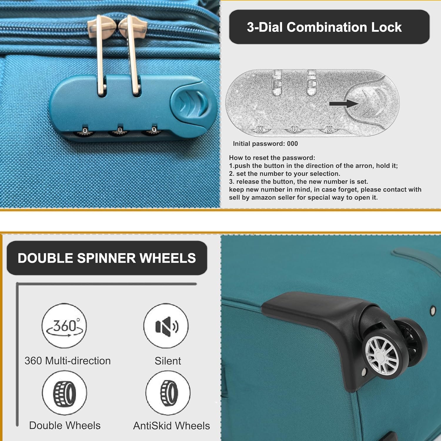Luggage Sets 3Piece Softside Extra Large Size Expandable Lightweight Durable Suitcase Sets Double Spinner Wheels Combination Lock Blue Luggage For Overseas Journey(21in/25in/29in)(Teal) - Image 6