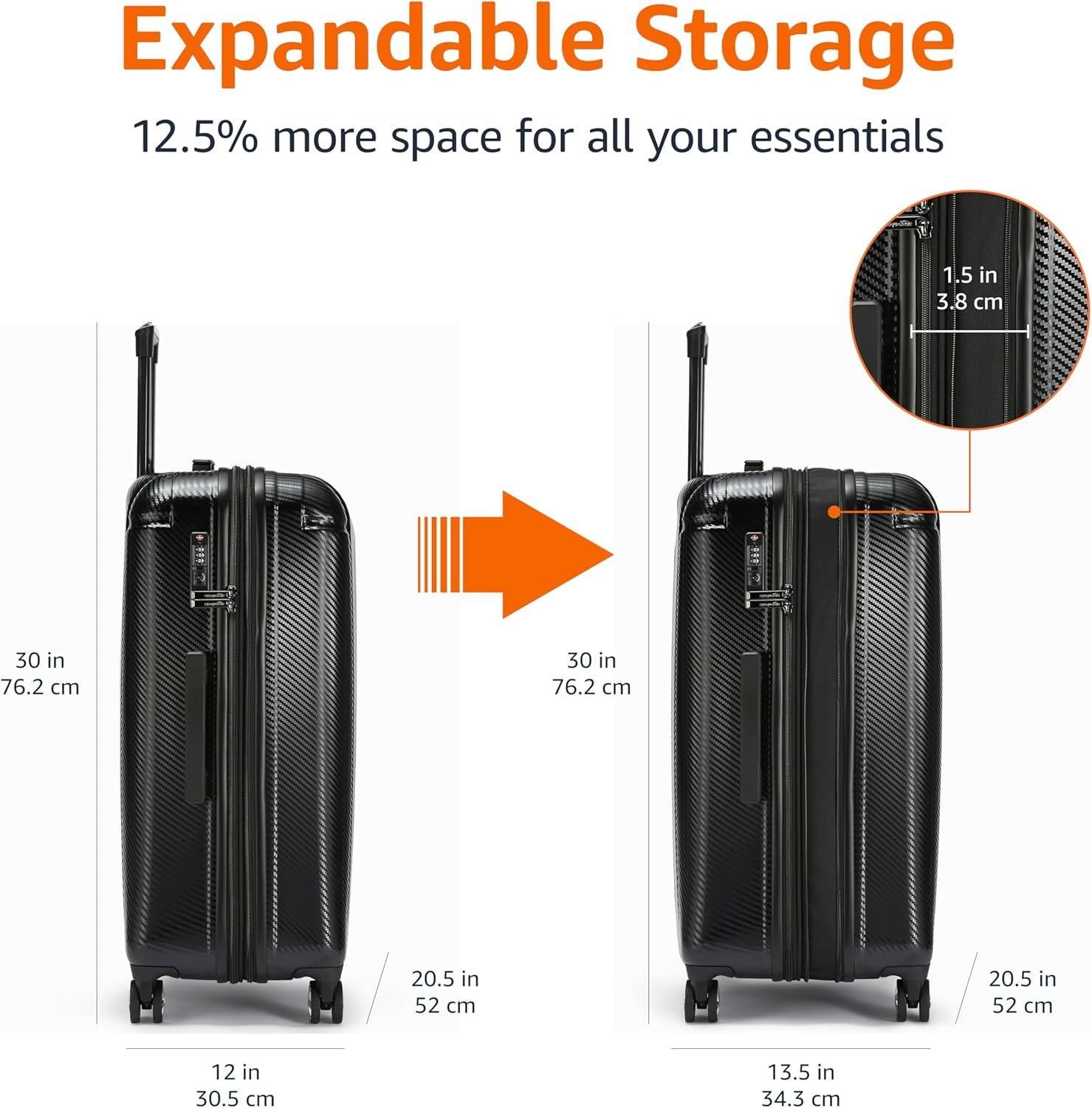 Amazon Basics 30-Inch Hardside Checked Luggage With TSA Lock, Hardshell Suitcase With Wheels, Expandable For Up to 12.5% More Space, With Scratch-Resistant Surface, 8 Multi-directional Wheels, Black - Image 5