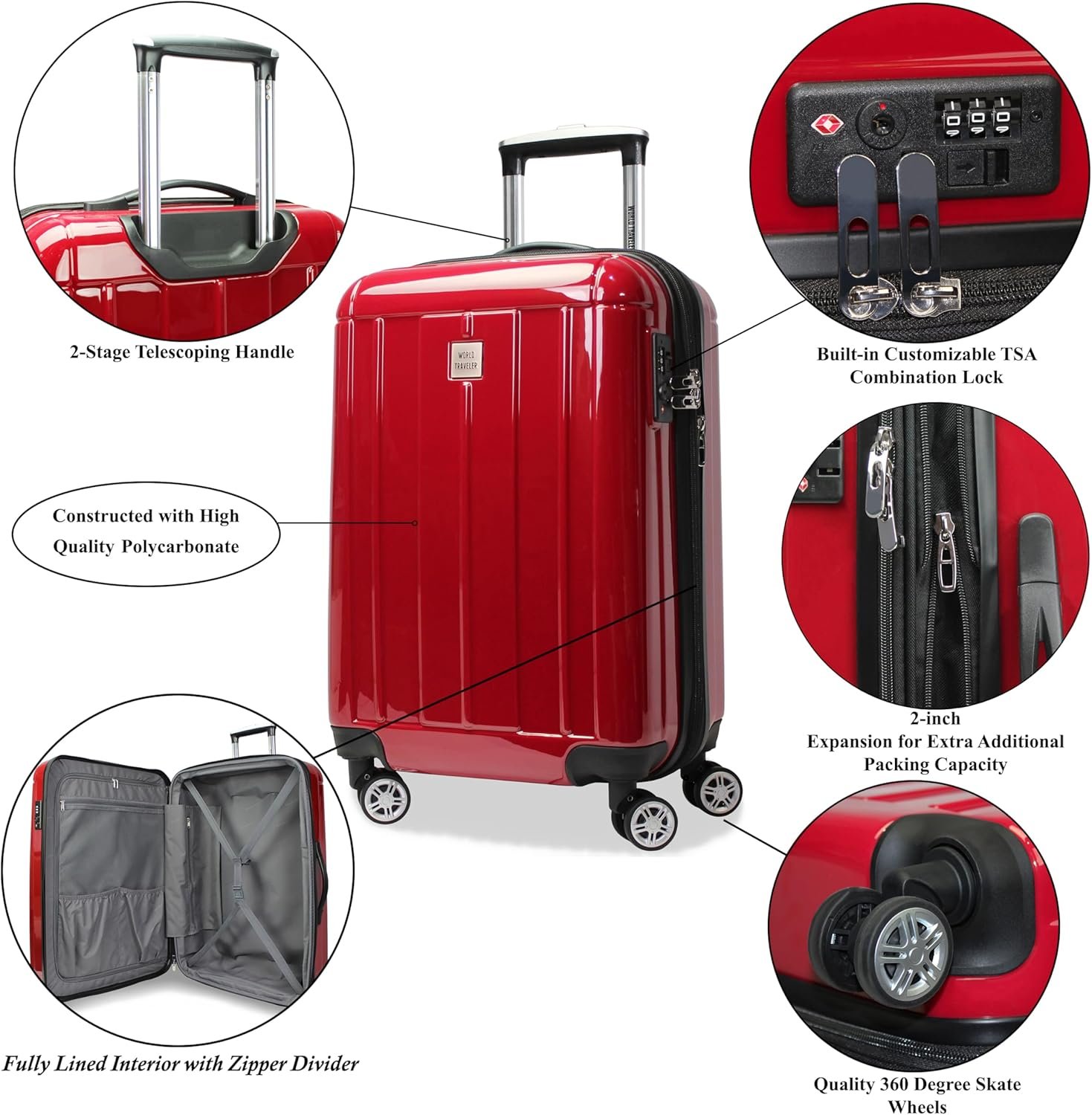 World Traveler Contour Lightweight Polycarbonate Hardside Expandable Spinner Luggage with TSA Lock, Red, 28-inch - Image 4
