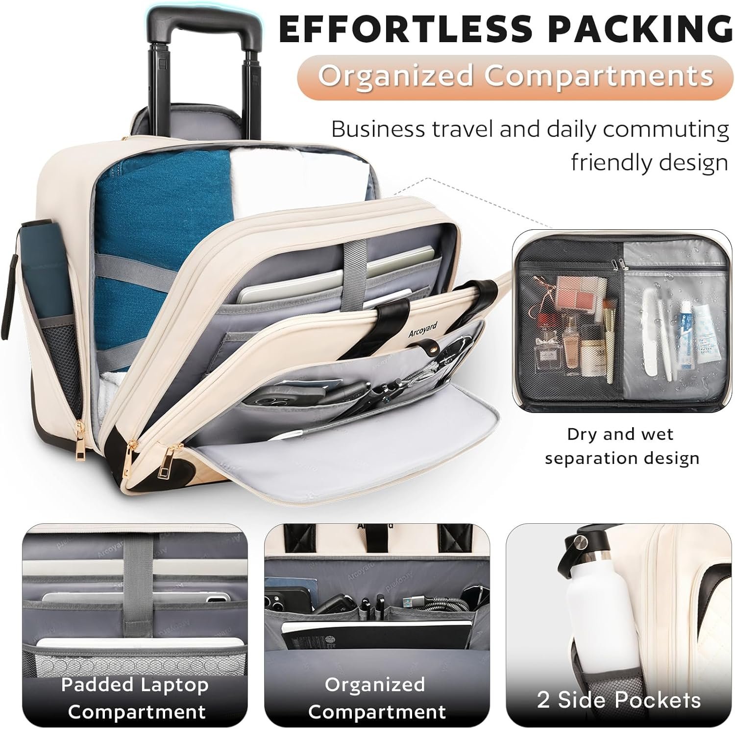 Rolling Laptop Bag Women, Rolling Briefcase for Women with Waterproof Pocket, 17.3 Inch Computer Bag for Women, Underseat Carry On Luggage with Wheels for Work Travel Business, Lightweight, Beige - Image 4
