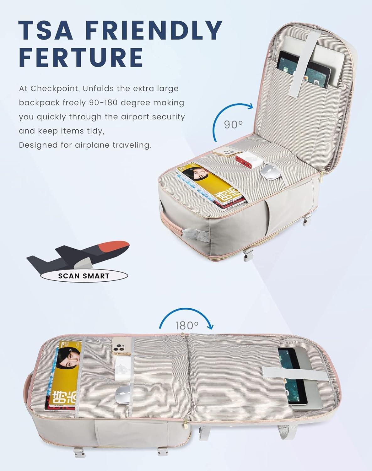 LOVEVOOK Carry on Travel Backpack, 40L Waterproof Large 17inch Laptop Luggage Daypack as Personal Item Flight Approved, Business Weekender Overnight with 3 Packing Cubes, Light gray-Pink - Image 10