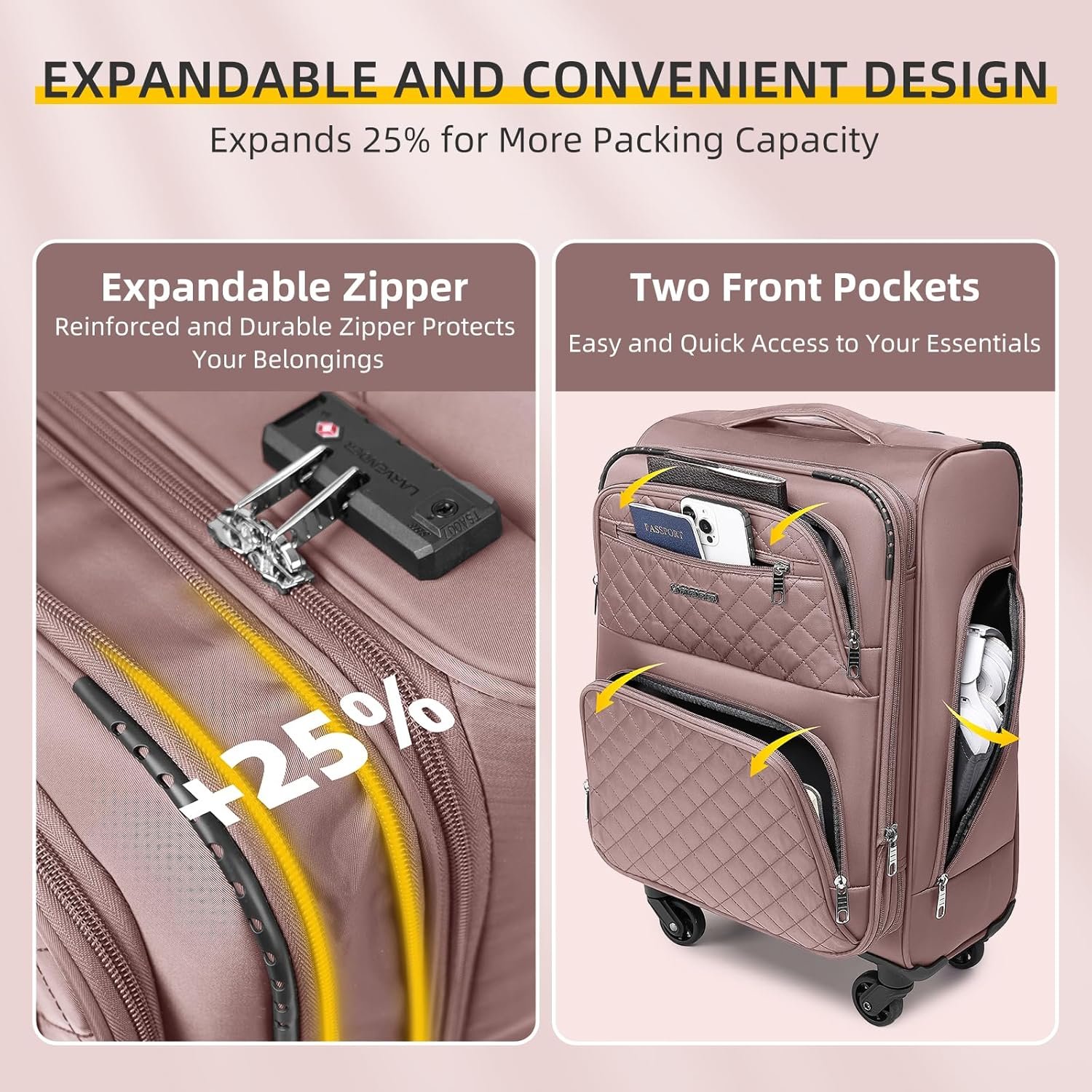 LARVENDER Softside Carry On Luggage 3 Piece, Expandable Carry On Luggage 22x14x9 Airline Approved 20-inch Carry on Suitcase with Spinner Wheels for Men Women, TSA Lock, Pink (20/BP/TB) - Image 5