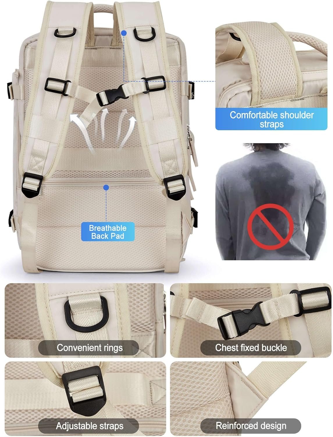 VGCUB Large Travel Work Business Backpack Carry on flight Approved 17 Inch Laptop Backpack for Women Men with Laptop Compartment Mochila de Viaje,Beige - Image 9