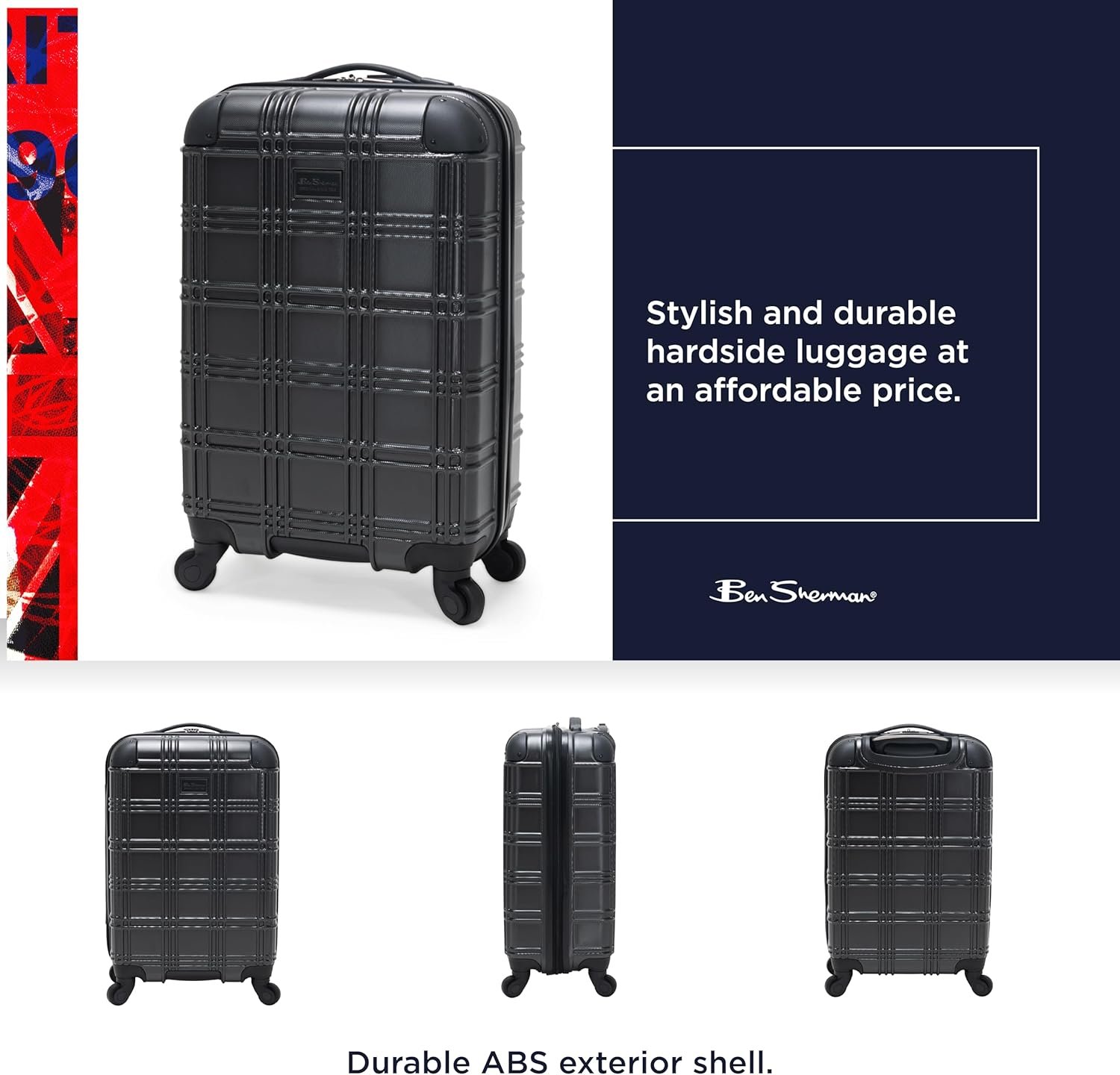 Ben Sherman Nottingham Lightweight Hardside 4-Wheel Spinner Travel Luggage, Charcoal, 20-Inch Carry On - Image 3