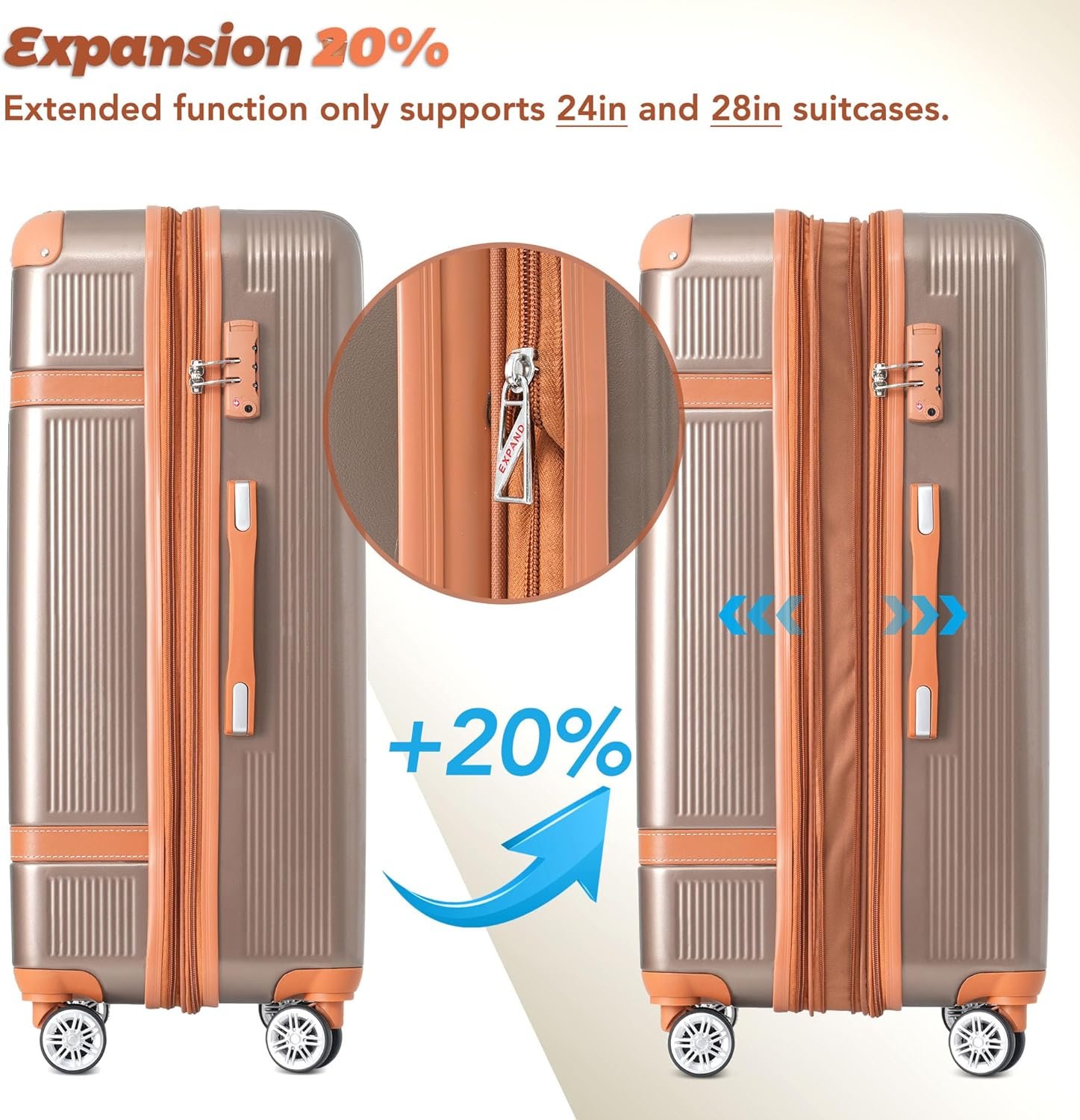 Merax Hardside Rugged Travel Suitcase Luggage with 8 Spinner Wheels, Collision-Protection Angle, 3-Piece Set, TSA Lock, Expandable, Carry-On Luggage (20/24/28,Coppery) - Image 5