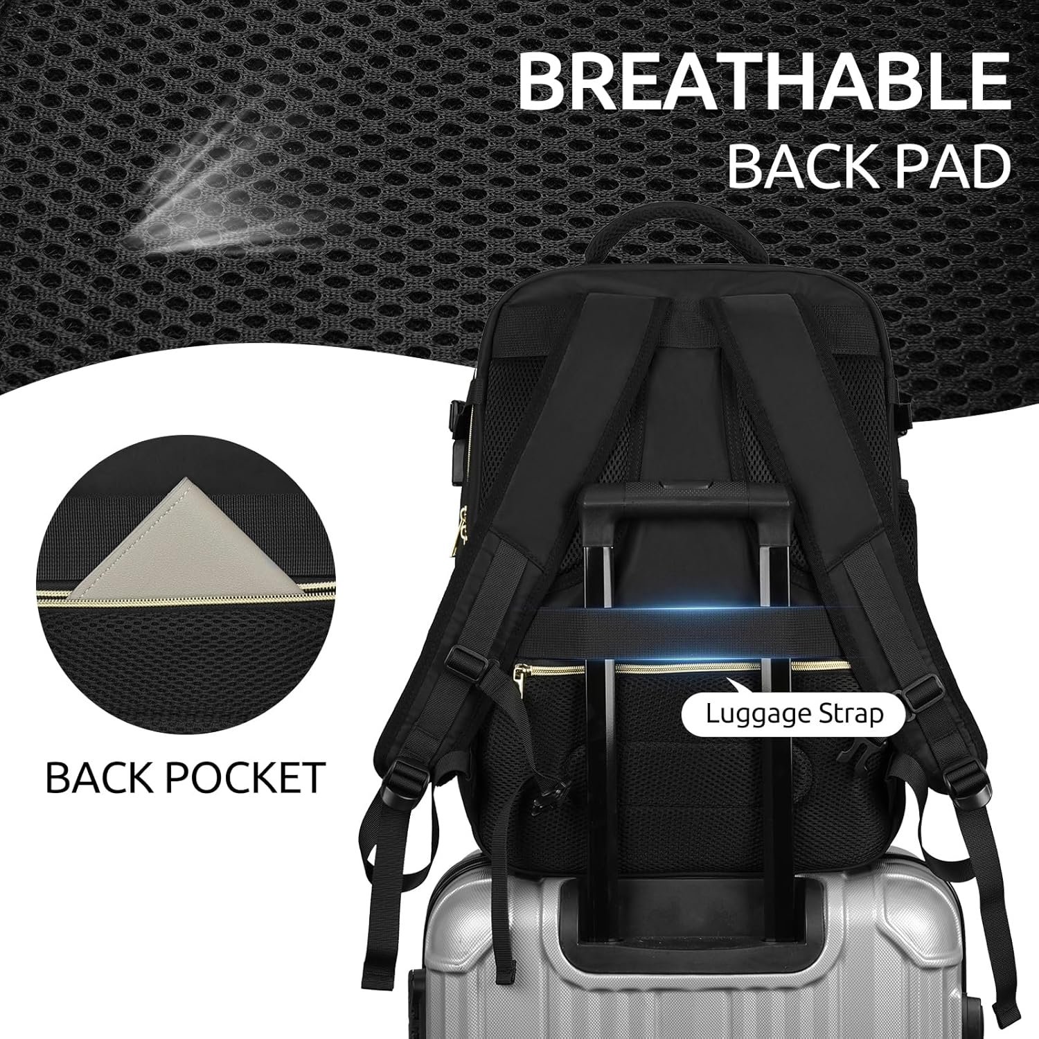 Travel Backpack for Women, Carry On Backpack for Airplanes Flight Approved, Waterproof Large Weekender Overnight Bag Fit 17 Inch Laptop with USB Charging Port, Black - Image 6