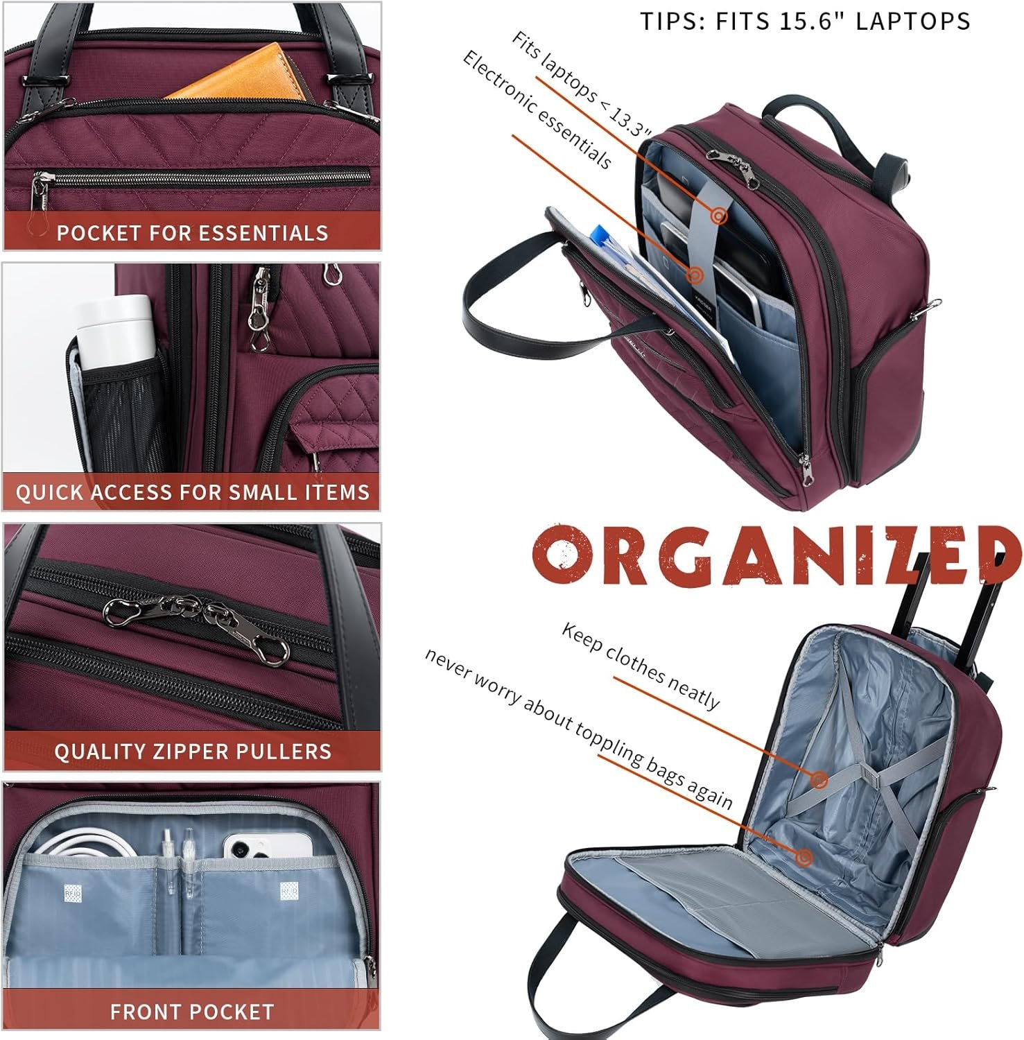 KROSER Carry On Underseat Multi-functional, 16-inch Underseater Lightweight Overnight Suitcase for Women, Burgundy - Image 5