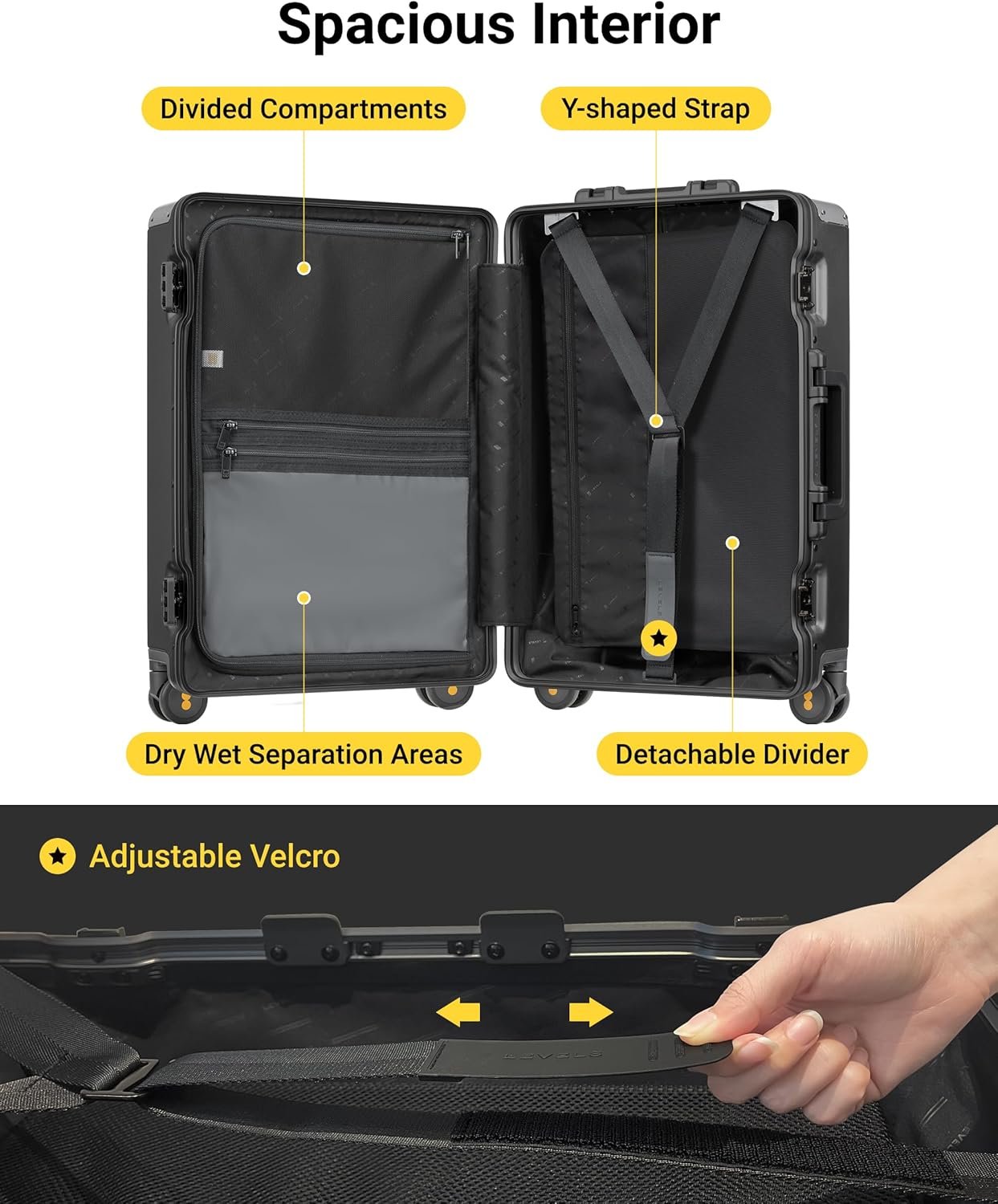 LEVEL8 Zipperless Checked Luggage with Aluminum Frame, Upgraded Medium Hardside Suitcase with Spinner Wheels, Metal Travel Luggage with Double Tsa Locks, 24 Inch, Black - Image 6