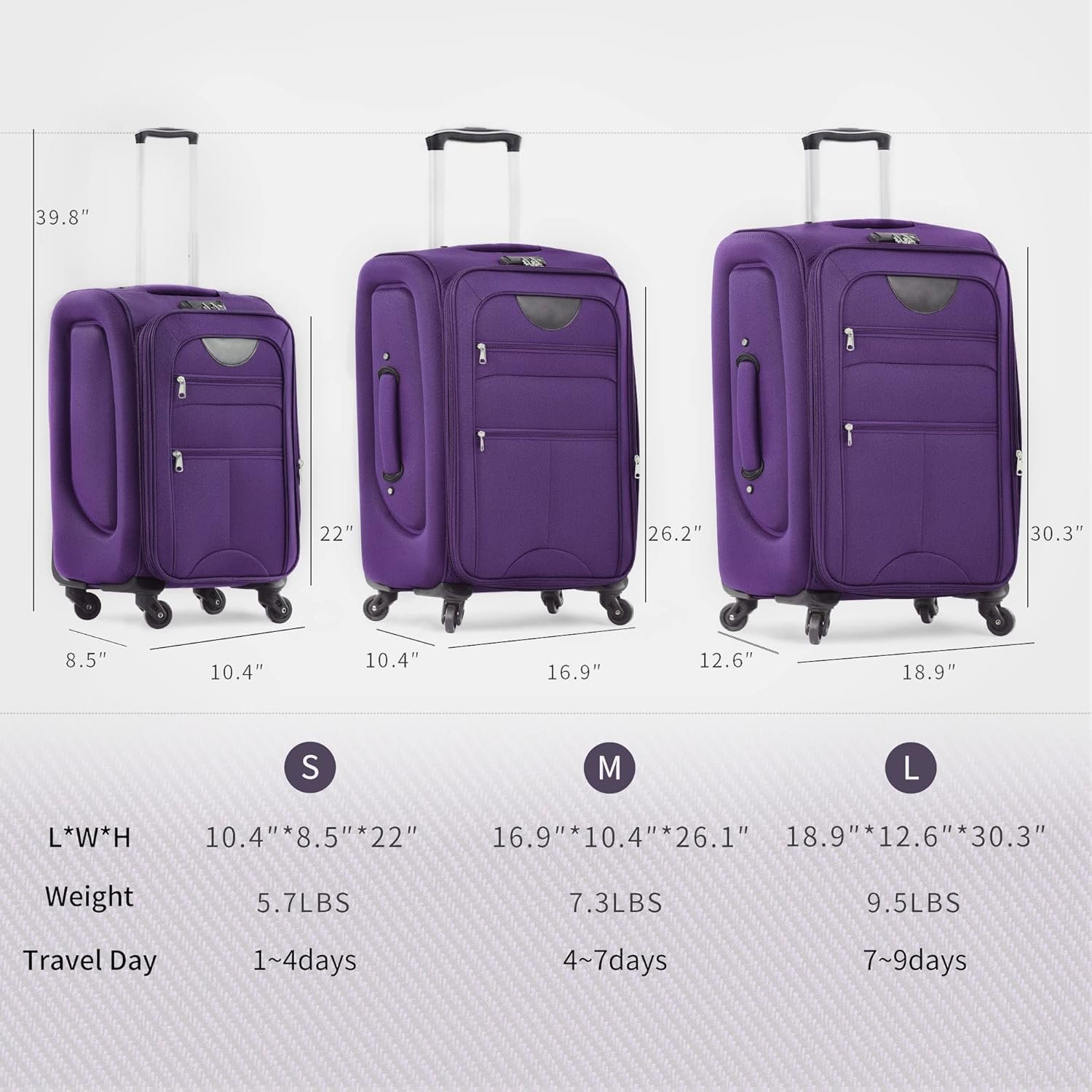 Merax Softside Luggage Set, Travel Suitcase Expandable Lightweight, 3 Piece Luggage Sets with Spinner Wheels 22" 26" 30" Suitcase with TSA Lock (Purple) - Image 8